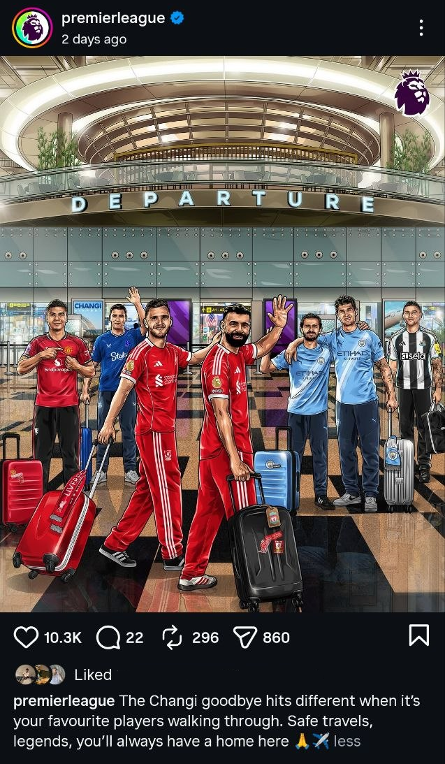 A Premier League Instagram post showing footballers walking through Changi Airport departures, captioned about the Changi goodbye, served to Singapore feeds