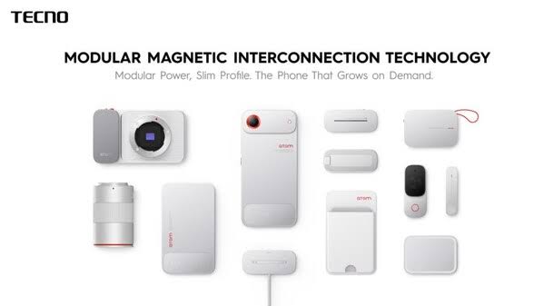 Tecno press render showing the modular phone surrounded by around ten modules including a mirrorless camera unit, telephoto lens, battery packs, a wallet and a speaker